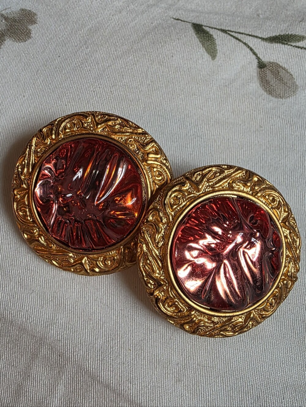 Vintage Inspired Givenchy-Style Gold Tone Pink Resin Clip-On Earrings Cabochon